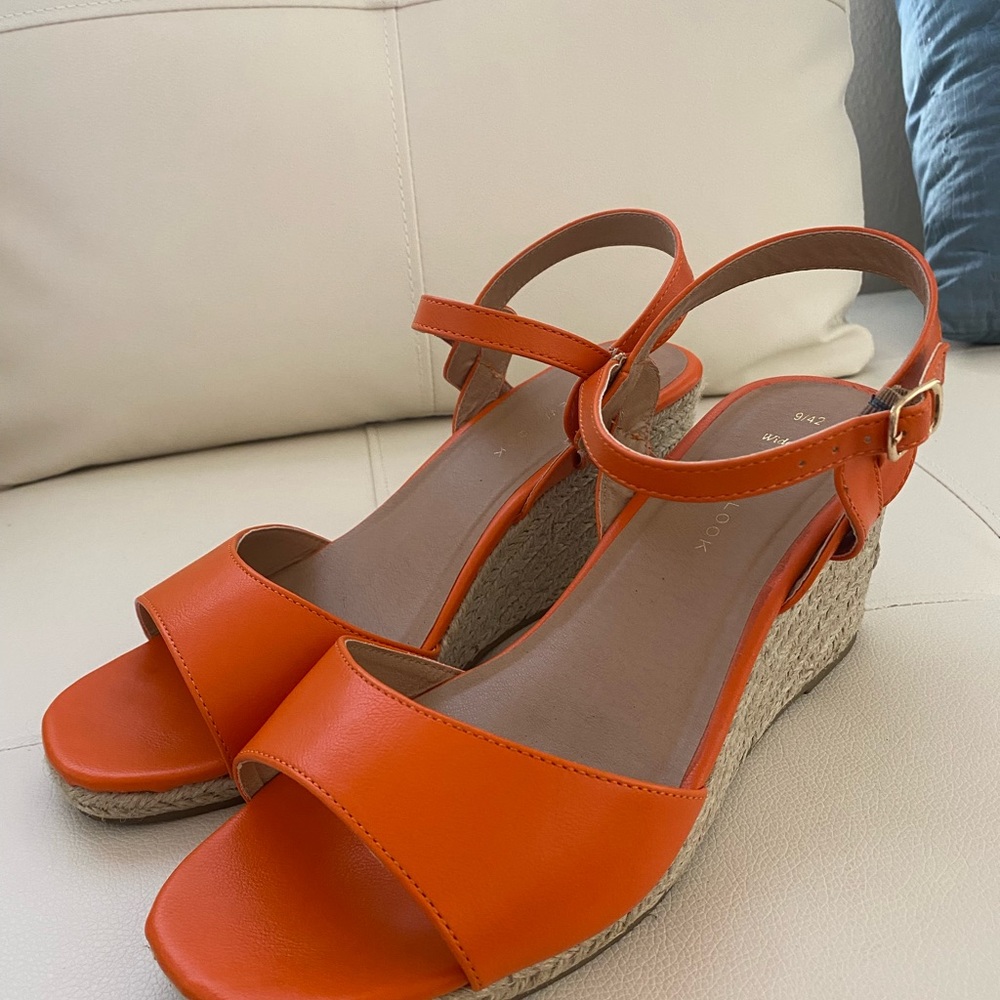 Orange espadrille wedge sandals. Wide fit.
